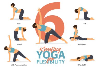Diz çökmüş 6 Yoga 'nın bilgileri düz tasarımda esneklik kavramında evde Easy yoga için poz veriyor. Güzellik kraliçesi vücut gerdirme egzersizi yapıyor. Ev bilgisinde yoga seti. Yoga Çizgi Filmi Vektör Sanatı ve İllüstrasyonu.