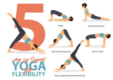 5 Kol ve Bacak Desteği Yogası 'nın bilgileri, yassı tasarımda esneklik kavramında evde Easy yoga için poz veriyor. Güzellik kraliçesi vücut gerdirme egzersizi yapıyor. Ev bilgisinde yoga seti. Vektör İllüstrasyonu.