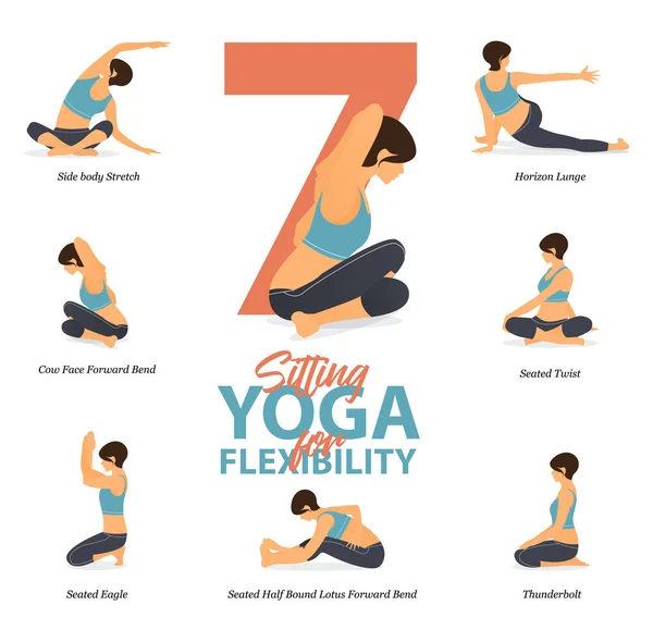 Infografía Poses Sitting Yoga Para Easy Yoga Casa Concepto Flexibilidad — Vector de stock