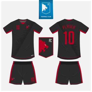 Futbol forması ya da spor kulübü için futbol takımı şablonu tasarımı. Futbol tişörtü sporu, şortlar uydurma. Futbol forması ön tarafta, arka planda. Düz dizaynlı futbol logosu. Vektör İllüstrasyonu.