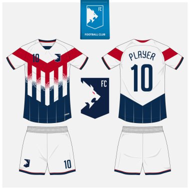 Futbol forması ya da spor kulübü için futbol takımı şablonu tasarımı. Futbol tişörtü sporu, şortlar uydurma. Futbol forması ön tarafta, arka planda. Düz dizaynlı futbol logosu. Vektör İllüstrasyonu.