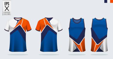 Tişört modeli, futbol forması için spor gömlek şablonu tasarımı, futbol takımı. Basketbol forması ve koşu atleti için kolsuz bluz. Önde ve arkada spor üniforması var. Vektör Resmini Uygula.