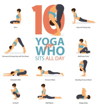 Yoga konsepti olan 10 Yoga 'nın evde poz verişi tüm gün düz dizaynda oturanların yoga konsepti. Kadın vücut esnemesi için egzersiz yapıyor. Yoga duruşu ya da asana bilgisi seti. Yoga Vektör İllüstrasyonu.