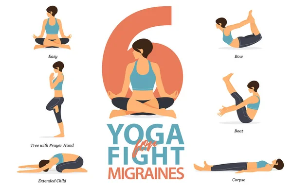 Infographic Yoga Poses Yoga Home Concept Fight Migraines Headache Flat — Stock Vector