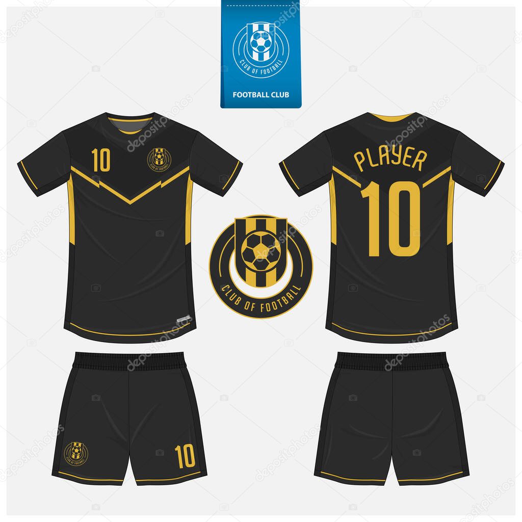 Soccer jersey or football kit mockup template design for sport club. Football t-shirt sport, shorts mock up. Soccer uniform in front view, back view . Soccer logo in flat design. Vector Illustration.