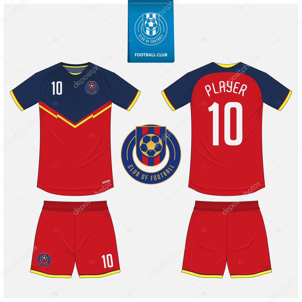 Soccer jersey or football kit mockup template design for sport club. Football t-shirt sport, shorts mock up. Soccer uniform in front view, back view . Soccer logo in flat design. Vector Illustration.