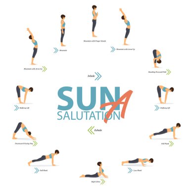 Yoga için 6 Yoga bilgisi, düz dizaynda Yoga Sun Salutation A kavramında evde poz verir. Kadın vücut esnemesi için egzersiz yapıyor. Yoga duruşu ya da asana bilgisi seti. Yoga Vektörü Düz Çizgi Film Çizimi.