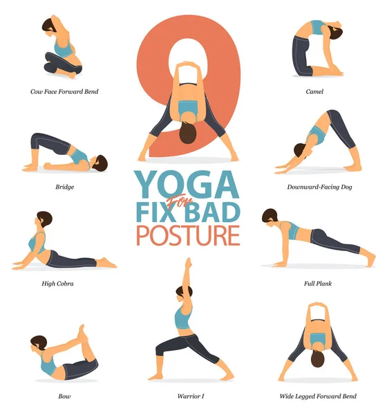 Infographic Yoga Poses Yoga Home Concept Fix Bad Posture Flat — Stock Vector