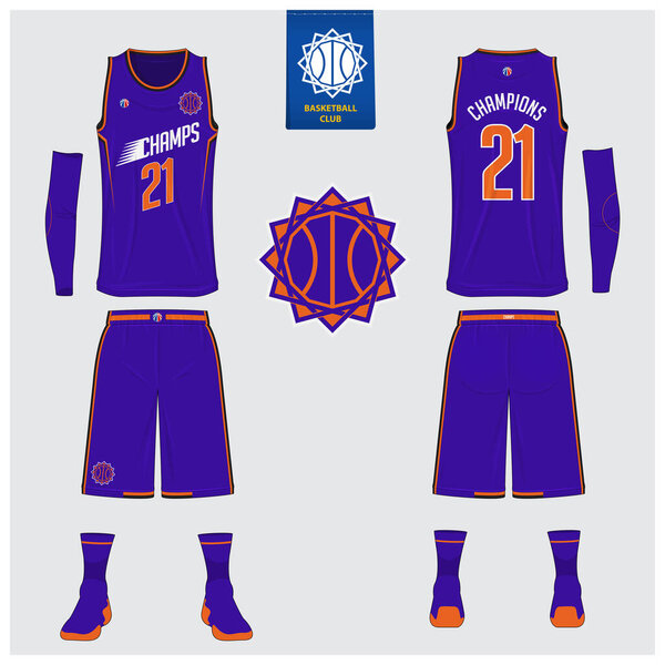 Basketball uniform mockup template design for basketball club. Tank top t-shirt, sock, basketball shorts mockup for basketball jersey. Front view, back view basketball shirt. Flat sport logo design. Vector Illustration.