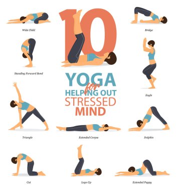 Yoga 'ya evde poz veren 10 Yoga bilgisi düz tasarımda stresli zihne yardımcı oluyor. Vücut germe egzersizi yapan bir kadın. Yoga duruşu ya da asana bilgisi seti. Düz karakter vektörü.
