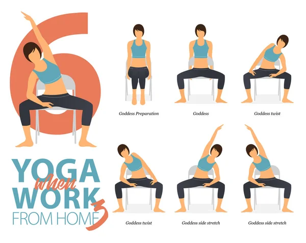 Evde çalışırken ofis sendromu için poz veren 6 Yoga bilgisi. Güzellik kraliçesi, ofis sandalyesinde güç için egzersiz yapar. Yoga duruşu bilgileri. Düz karakter vektörü.
