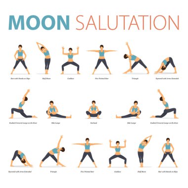 Yoga bilgisi evde yoga için poz veriyor. Düz tasarımda Yoga Ay Selamı kavramı. Vücut germe egzersizi yapan bir kadın. Yoga duruşu ya da asana bilgisi seti. Yoga Vektörü Düz Çizgi Film Çizimi.