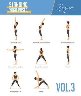 Konsept dengeleme için yoga pozları, düz dizayn tarzında ayakta durmalar. Güçlü kadın vücut esneme egzersizi yapıyor. Yoga duruşu ya da yeni başlayanlar için asana. Çalıştırma Vektörü İllüstrasyonu
