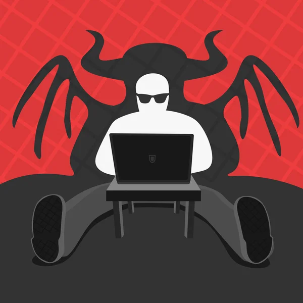 Hacker en Cmputer Devil vectorillustratie — Stockvector