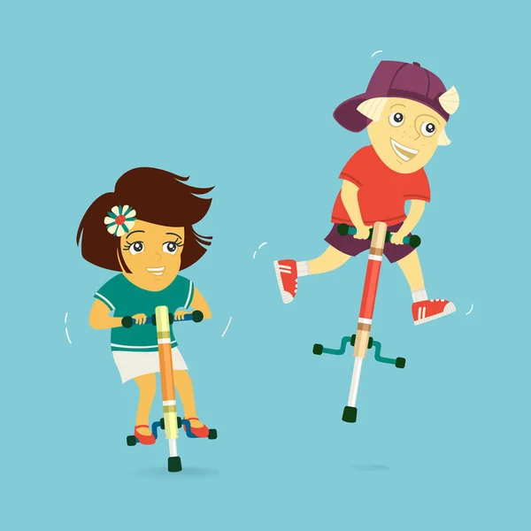 Хлопчик і дівчинка їдуть на стрибках — стоковий вектор
