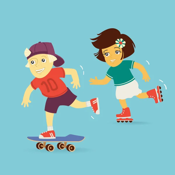 Ilustración vectorial de niño y niña patinando — Archivo Imágenes Vectoriales