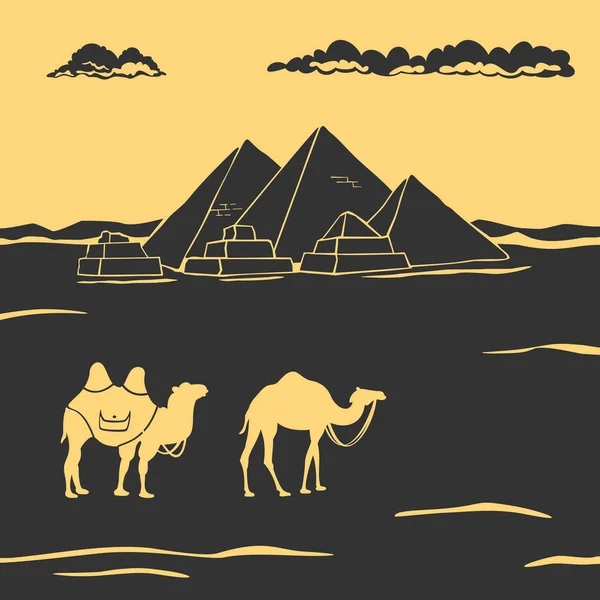 Ägyptische Pyramiden und Kamele Vektor Illustration — Stockvektor