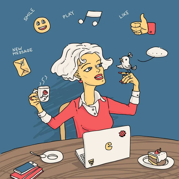 Chica usuario con computadora en café — Archivo Imágenes Vectoriales