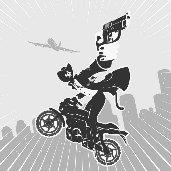 Bandido en motocicleta con pistola estilo cómico — Vector de stock