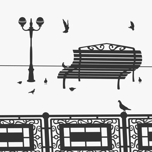 Park bench and Pigeons — Stock Vector