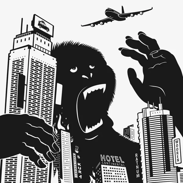 Gran monstruo gorila en el centro de la ciudad — Vector de stock
