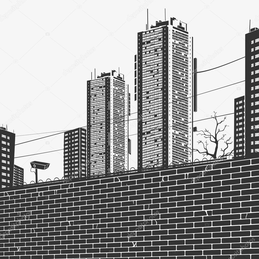Urban Panorama Skyscrapers And the brick fence