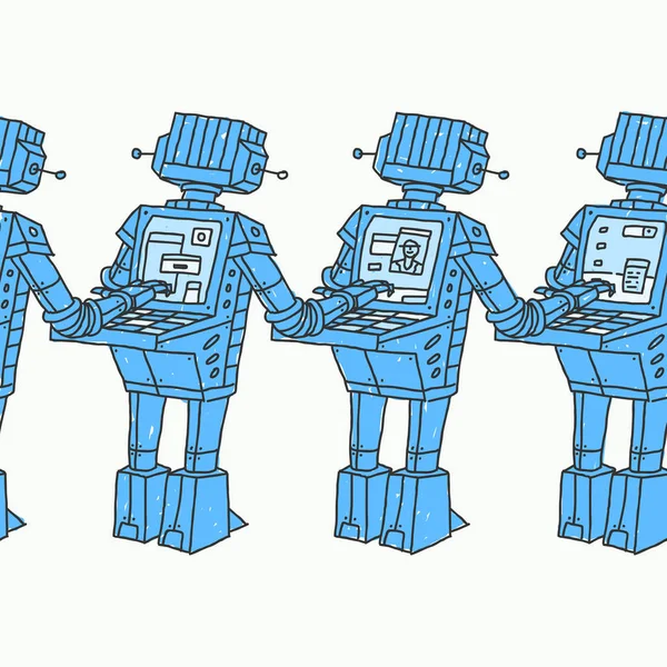 Группа роботов и персональный компьютер — стоковый вектор