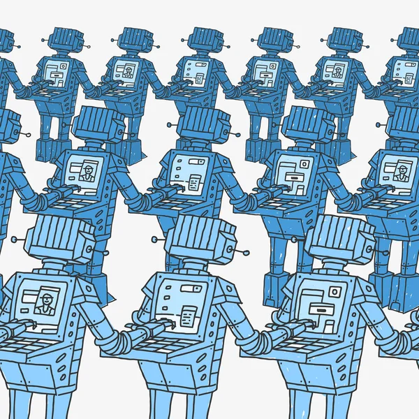 Група роботів та персональний комп'ютер — стоковий вектор