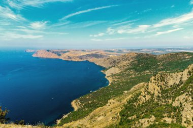 Yaz yeşil yamaçlarında kayalık sahil ile deniz Sahili