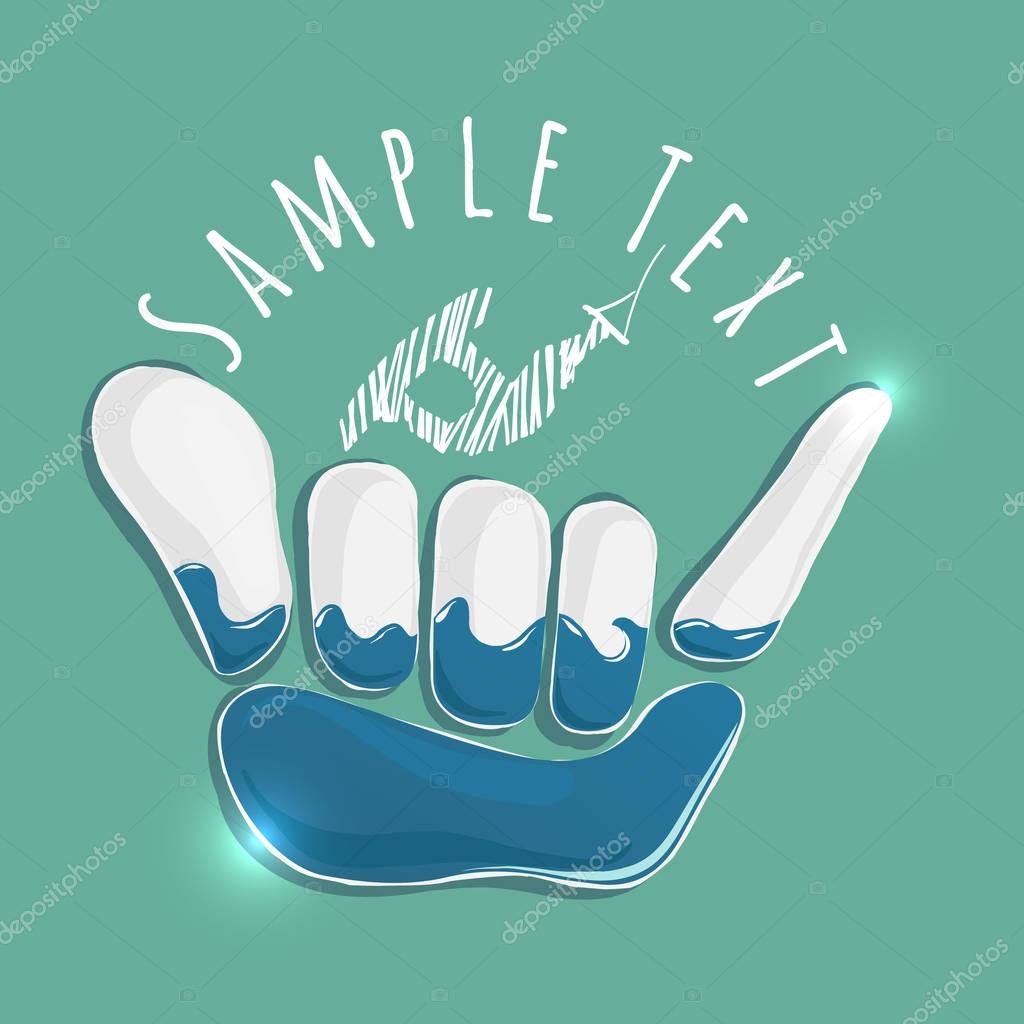 Vector logo illustration. Shaka and windsurf symbol. Summer water sport game emblem. Sportsclub or championship symbol.