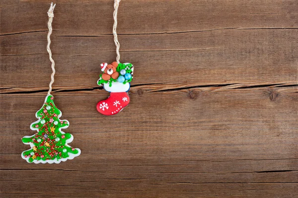 Cartão Natal Acessórios Ano Novo Fundo Madeira Árvore Natal Conceito — Fotografia de Stock