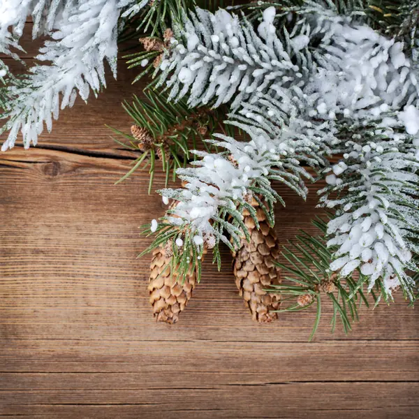 Weihnachten Hintergrund Mit Tanne Auf Holzbrett Urlaubskarte Mit Kiefernzweig Frohe — Stockfoto