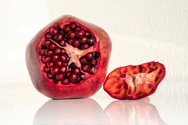 Fresh Juicy Pomegranate White Background Tasty Fruit Whole Broken — Stock Photo, Image