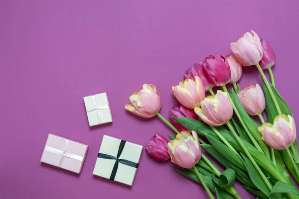 Gratulationskort Med Färgglada Våren Tulpaner Blomma Semesterbukett Begreppet Mors Dag — Stockfoto