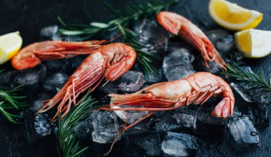 Karides buz karanlık taş zemin üzerine limon dilimleri ile