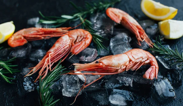 Karides buz karanlık taş zemin üzerine limon dilimleri ile