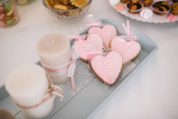 White Candles Pink Cookies Shape Heart — Stock Photo, Image