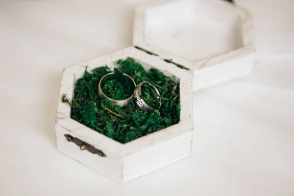 Anéis Ouro Casamento Jazem Musgo Verde Uma Caixa Madeira Pintada — Fotografia de Stock