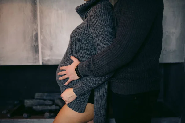 Pregnant Woman Grey Sweater Her Husband Holding Her Belly — Stock Photo, Image