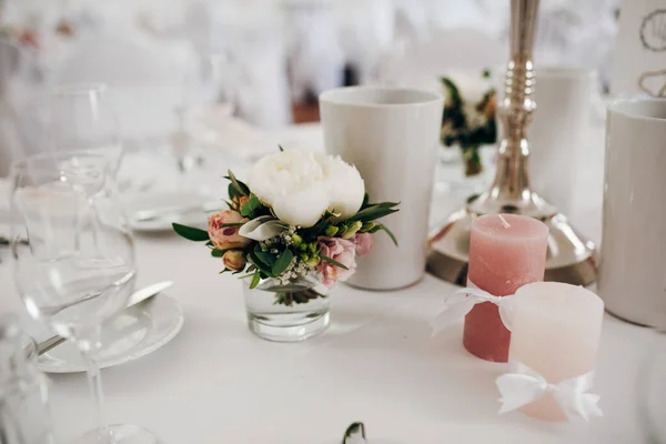 Closeup Beautiful Table Decoration Fresh Peonies Greenery Pink Candles Silver — Stock Photo, Image