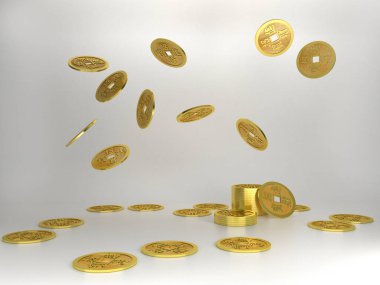 Çin bakır paralar, beyaz arka plan üzerinde 3d render