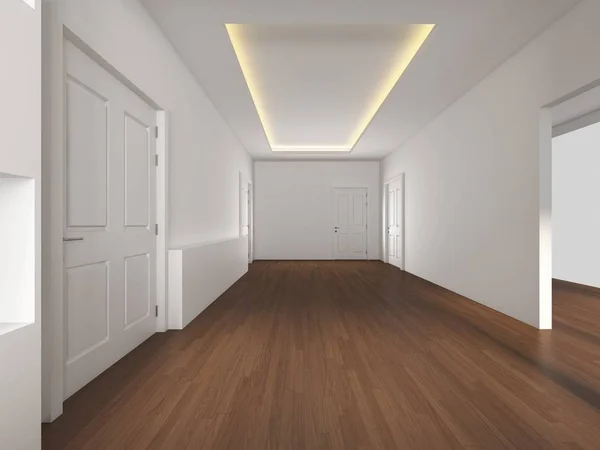 3D Representación Blanco Habitación vacía con suelo de madera, ilustración — Foto de Stock