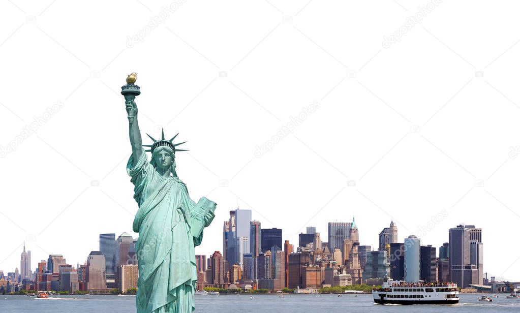 Statue of Liberty, Skyline of New York City isolated on white background, USA