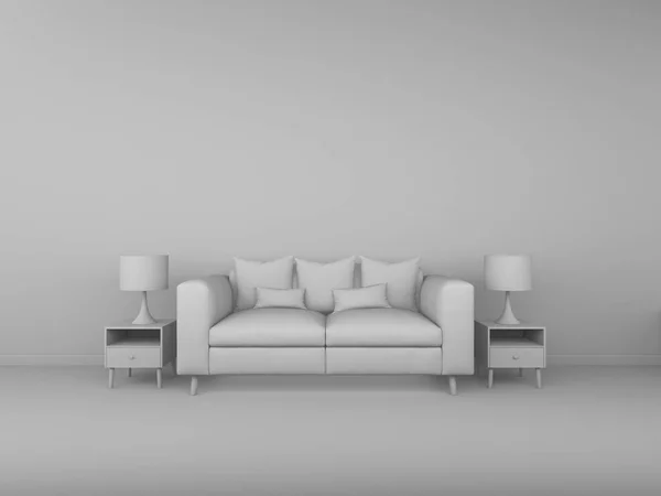 3D renderowania biały Sofa, biała ściana, Szafka nocna, ilustracja — Zdjęcie stockowe