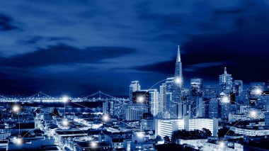 Ağ ve bağlantı teknoloji kavramı San Francisco silueti