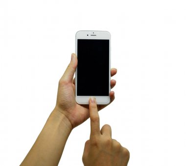 Beyaz arka plan üzerinde izole beyaz telefona dokunmadan eller