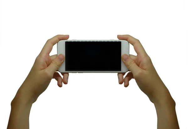 Zbliżenie z dłoni trzymając telefon wyświetlanie filmów wideo na białym tle na wh — Zdjęcie stockowe