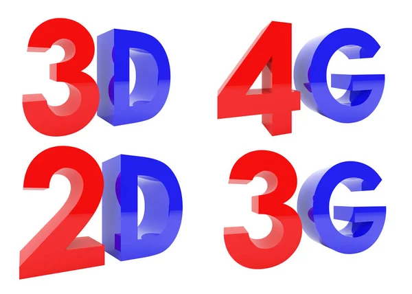 3D-rendering av 3d, 2d, 4g, 3g text isolerad på vit bakgrund — Stockfoto