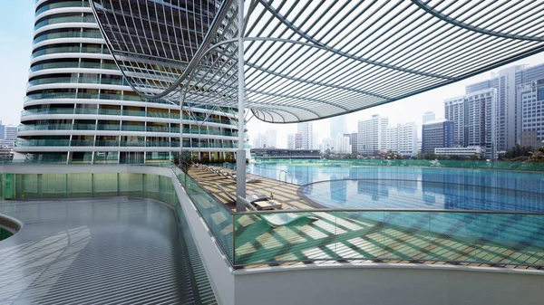 Плавальний басейн у розкішний готель з фоном міста Бангкок, 3d — стокове фото