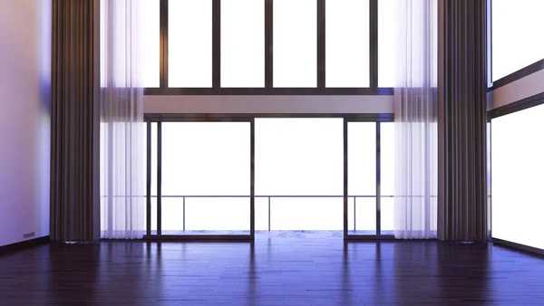 Современные окна для оформления интерьера в гостинице ночью с занавесом — стоковое фото